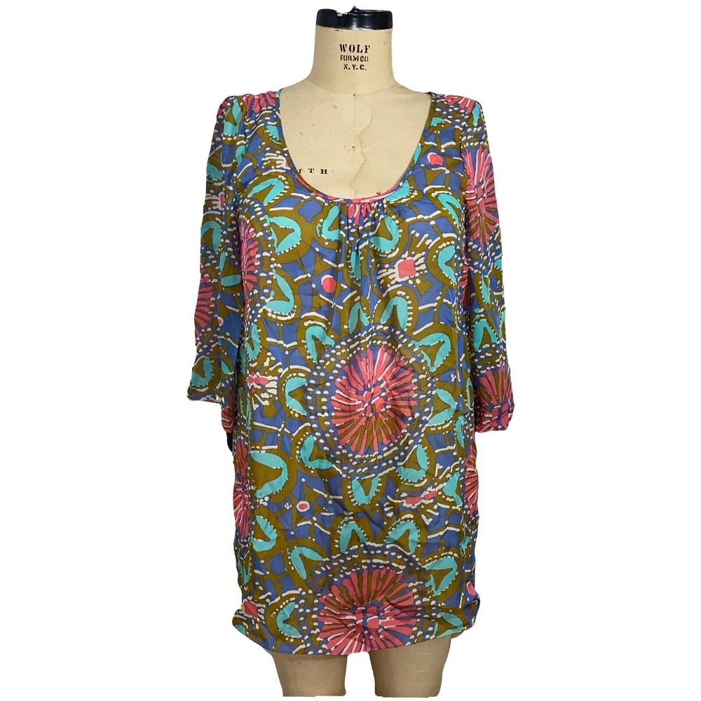 NWT Tibi NY 100% silk multicolor 3/4 sleeve sheer tunic top beach cover up sz M